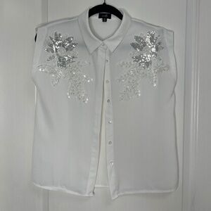 OntWealth White Sleeveless Button-Down Blouse with Sequin Floral Embellishments
